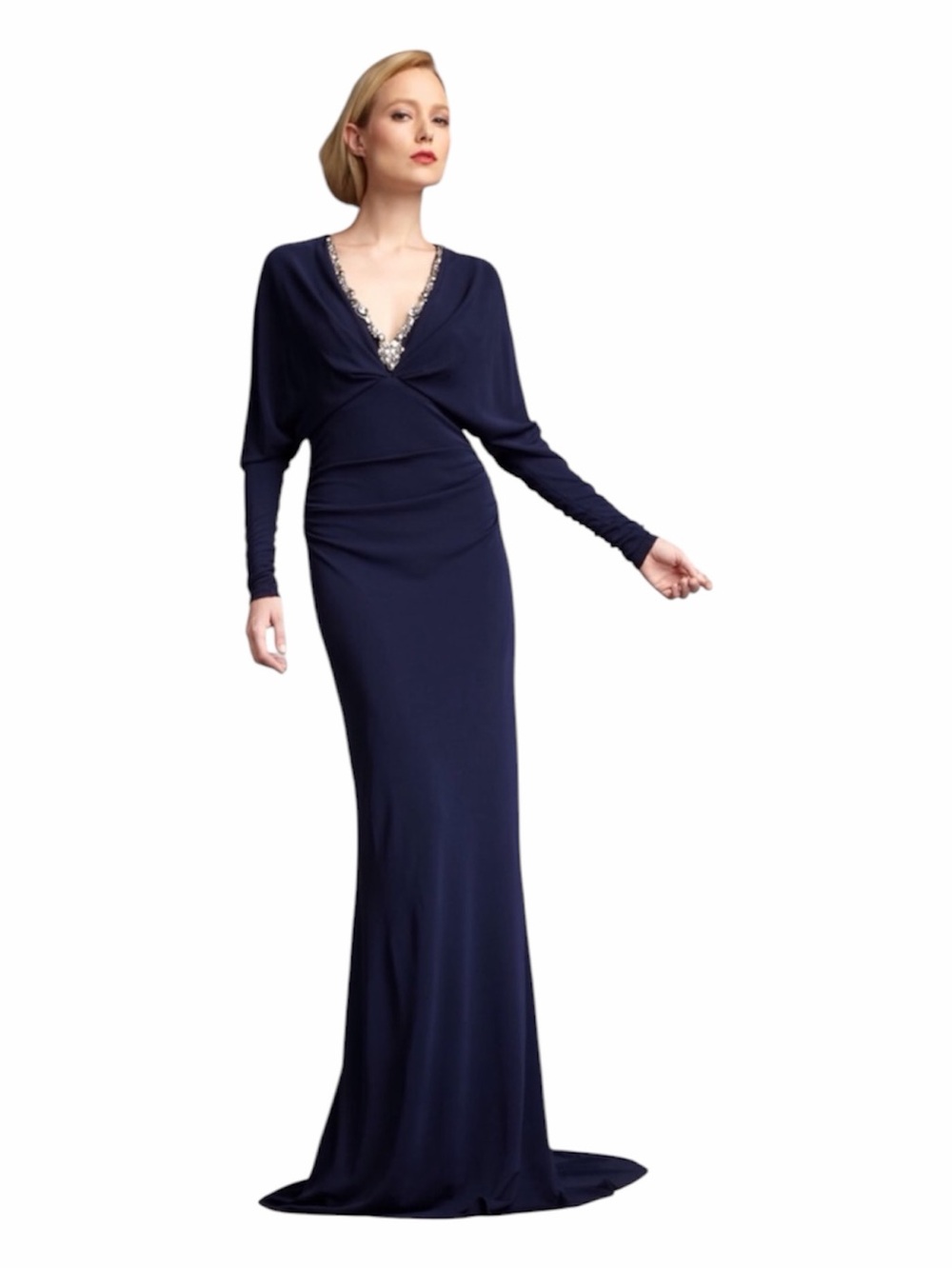 Badgley Mischka Collection Navy Jeweled V-Neck Gown Size 6